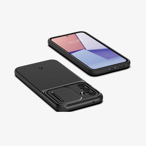 ACS05639 - Galaxy S23 Ultra Case Optik Armor in black showing the back with lens protector slot open
